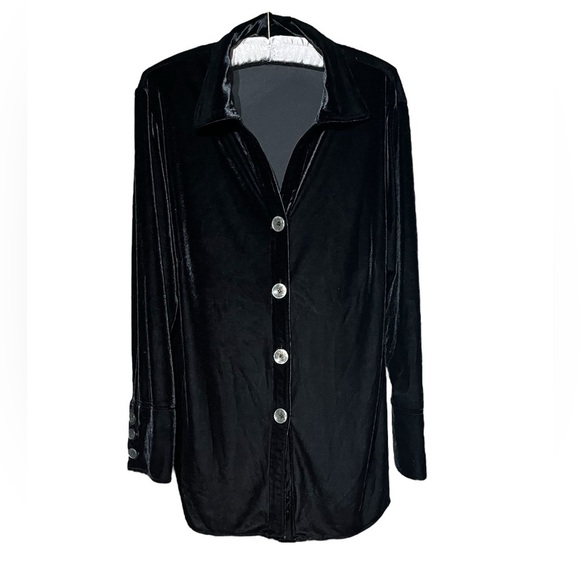 Black Velvet V-Neck Blouse Tunic Jacket Button Up Over Shirt - Picture 1 of 9